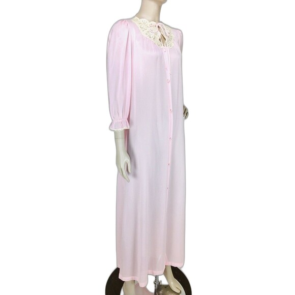 Vintage Miss Elaine Pink Nylon Lace Trim Button-Down Peignoir Robe Size Medium - Picture 1 of 12